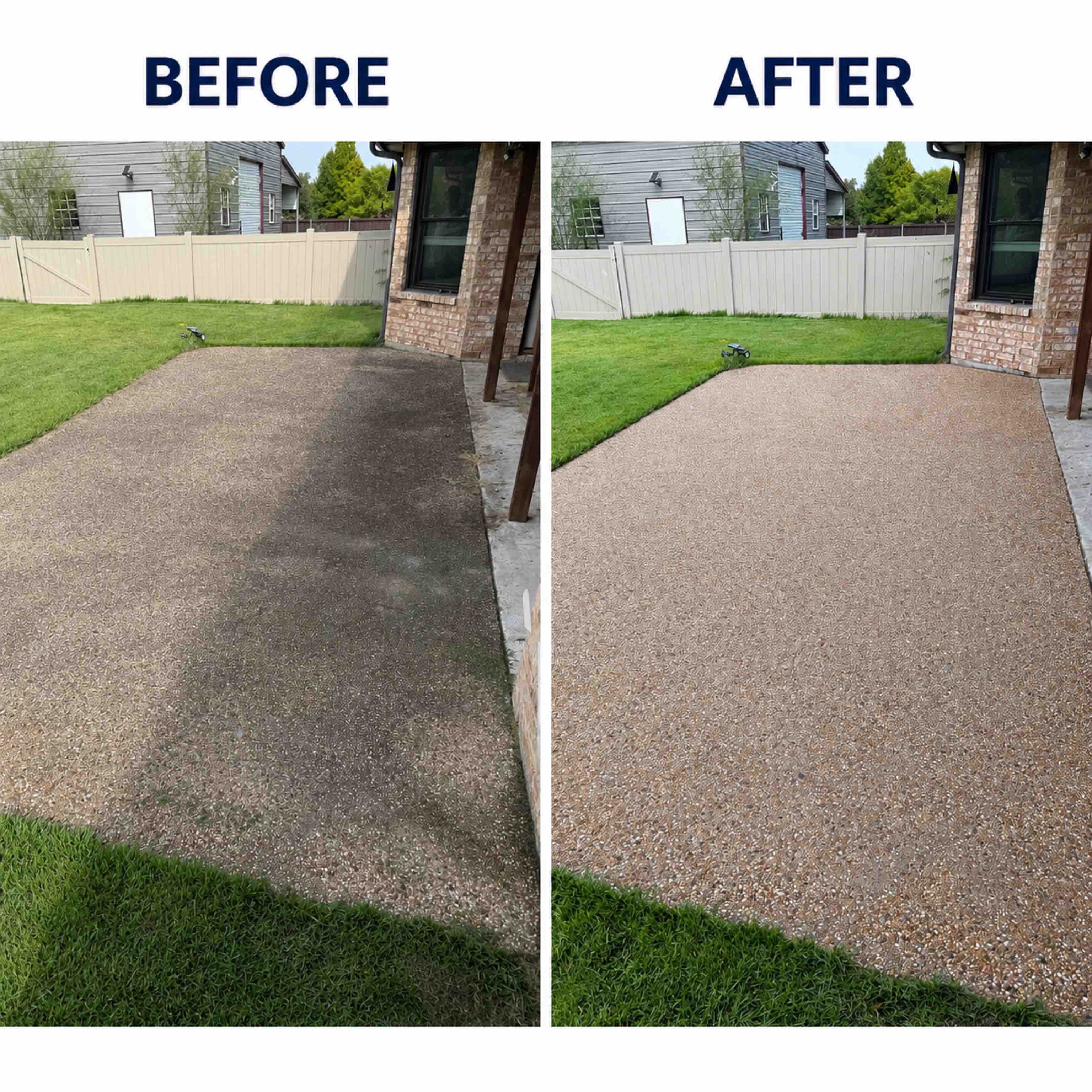 Exposed aggregate patio before and after Post & Stone cleaning